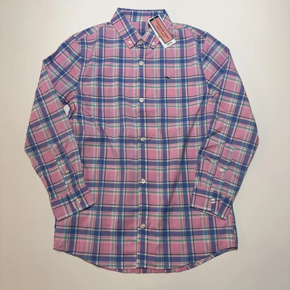 Vineyard Vines Shirt Boys Small 8-10 Pink Plaid Performance Whale Button Down
